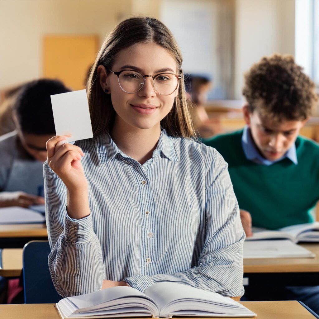 A student holding up an index card - other students in the class thinking with books open 15.jpg